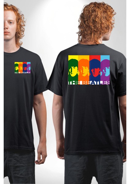 The Beatles Efsane Grup Kadın Erkek Ön Minimal Sırt Baskılı Siyah Pamuklu Tişört