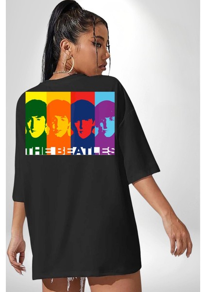 The Beatles Efsane Grup Kadın Erkek Ön Minimal Sırt Baskılı Siyah Pamuklu Tişört fiyatları