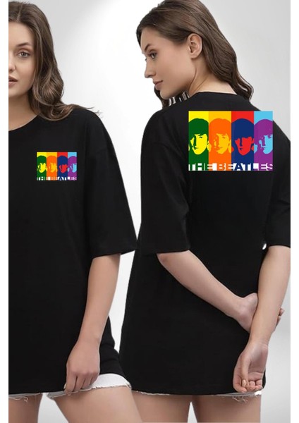 The Beatles Efsane Grup Kadın Erkek Ön Minimal Sırt Baskılı Siyah Pamuklu Tişört fırsatları