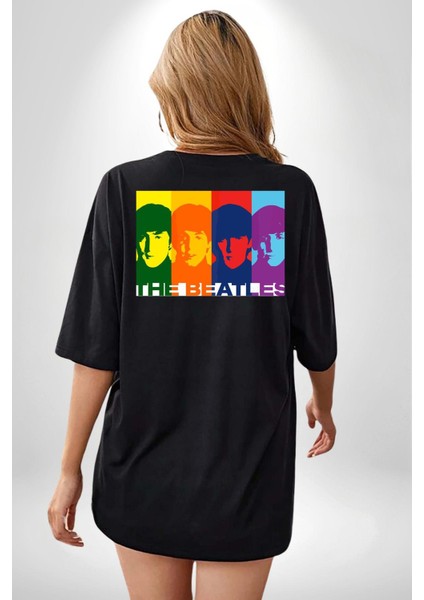 The Beatles Efsane Grup Kadın Erkek Ön Minimal Sırt Baskılı Siyah Pamuklu Tişört indirimleri