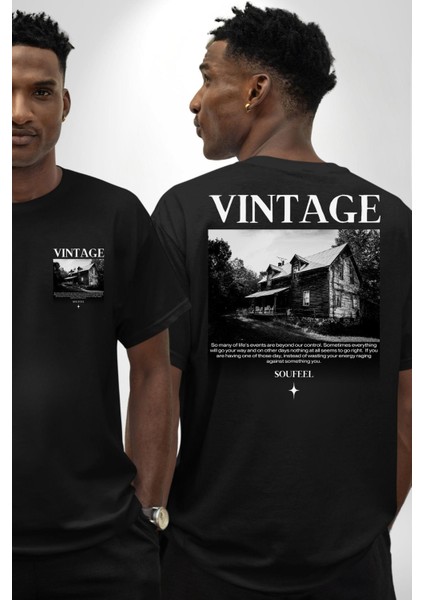 Vintage Dağ Evi Yalnızlık Kadın Erkek Ön Minimal Sırt Baskılı Siyah Pamuklu Tişört
