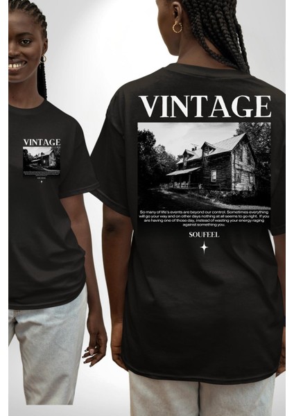 Vintage Dağ Evi Yalnızlık Kadın Erkek Ön Minimal Sırt Baskılı Siyah Pamuklu Tişört fırsatları