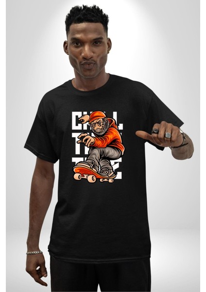 Kaykaylı Sweatli Maymun Sokak Tarzı Kadın Erkek Ön Baskılı Siyah Pamuklu Tişört Penye Klasik fiyatları