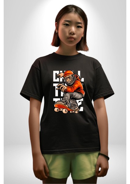 Kaykaylı Sweatli Maymun Sokak Tarzı Kadın Erkek Ön Baskılı Siyah Pamuklu Tişört Penye Klasik modelleri