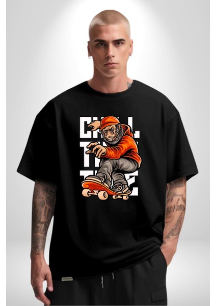 Kaykaylı Sweatli Maymun Sokak Tarzı Kadın Erkek Ön Baskılı Siyah Pamuklu Tişört Penye Klasik fırsatları