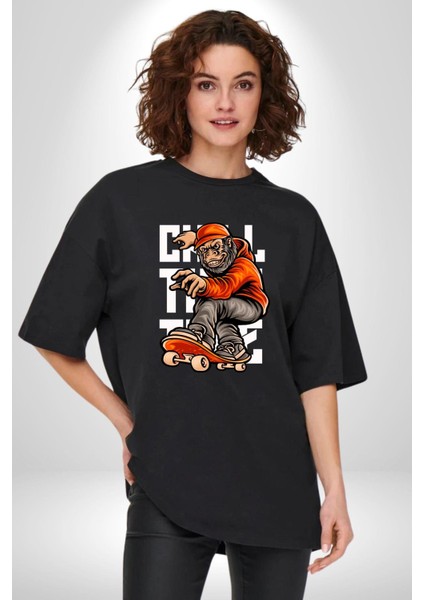 Kaykaylı Sweatli Maymun Sokak Tarzı Kadın Erkek Ön Baskılı Siyah Pamuklu Tişört Penye Klasik indirimleri