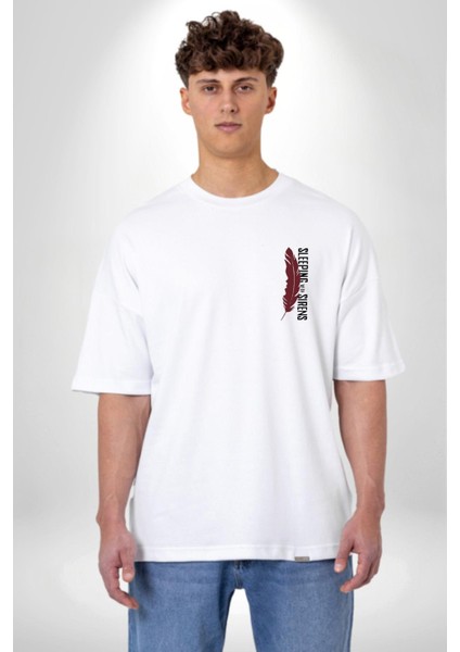 Sirenlerle Uyumak Kuş Tüyü Kadın Erkek Ön Minimal Sırt Baskılı Beyaz Pamuklu Tişört modelleri