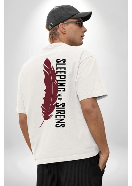 Sirenlerle Uyumak Kuş Tüyü Kadın Erkek Ön Minimal Sırt Baskılı Beyaz Pamuklu Tişört indirimleri