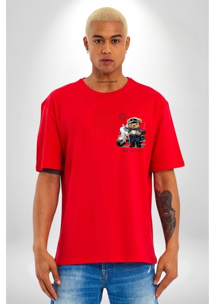 Trafik Polisi Motorcu Oyuncak Ayı Kadın Erkek Ön Minimal Sırt Baskılı Kırmızı Pamuklu Tişört fiyatları