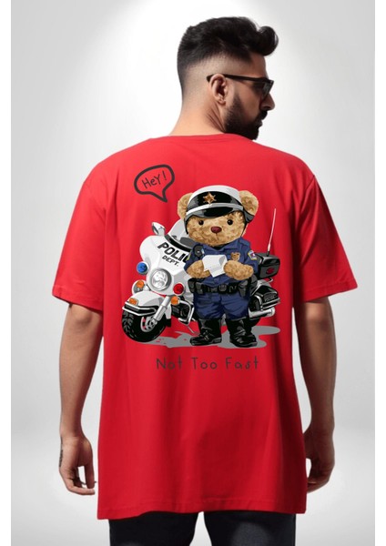 Trafik Polisi Motorcu Oyuncak Ayı Kadın Erkek Ön Minimal Sırt Baskılı Kırmızı Pamuklu Tişört modelleri