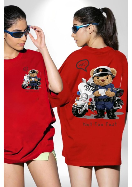 Trafik Polisi Motorcu Oyuncak Ayı Kadın Erkek Ön Minimal Sırt Baskılı Kırmızı Pamuklu Tişört fırsatları