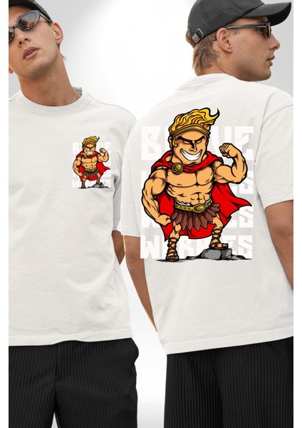 This Is Sparta Spartalı Asker Kaslı Kadın Erkek Ön Minimal Sırt Baskılı Beyaz Pamuklu Tişört fırsatları