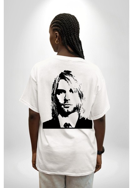 Kurt Cobain Nirvana Gitarist Kadın Erkek Ön Minimal Sırt Baskılı Beyaz Pamuklu Tişört