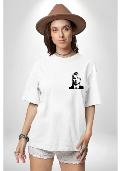Kurt Cobain Nirvana Gitarist Kadın Erkek Ön Minimal Sırt Baskılı Beyaz Pamuklu Tişört