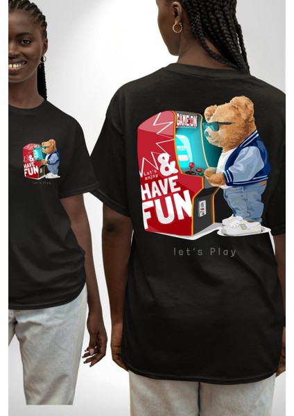 Oyun Oynayan Tatlı Oyuncak Ayı Kadın Erkek Ön Minimal Sırt Baskılı Siyah Pamuklu Tişört