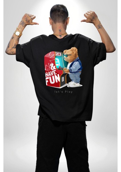 Oyun Oynayan Tatlı Oyuncak Ayı Kadın Erkek Ön Minimal Sırt Baskılı Siyah Pamuklu Tişört fiyatları