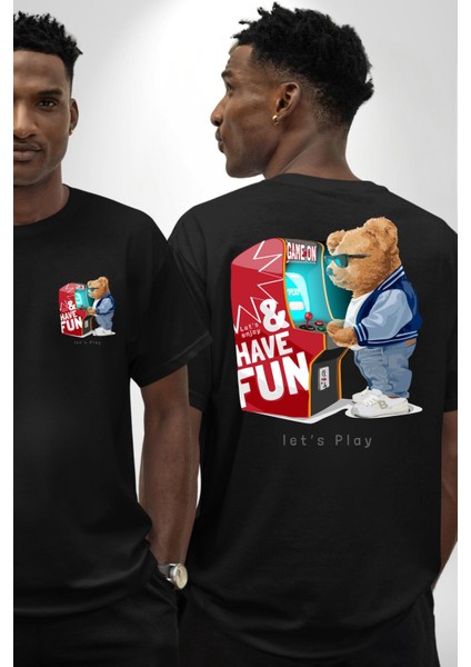 Oyun Oynayan Tatlı Oyuncak Ayı Kadın Erkek Ön Minimal Sırt Baskılı Siyah Pamuklu Tişört fırsatları