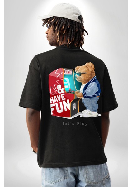 Oyun Oynayan Tatlı Oyuncak Ayı Kadın Erkek Ön Minimal Sırt Baskılı Siyah Pamuklu Tişört indirimleri