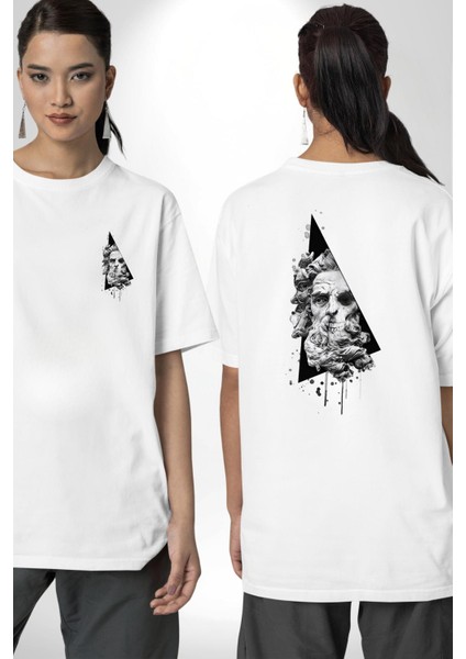 Kuru Kafa Heykel Üçgen Sanatsal Kadın Erkek Ön Minimal Sırt Baskılı Beyaz Pamuklu Tişört