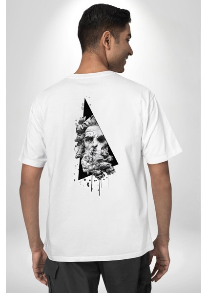 Kuru Kafa Heykel Üçgen Sanatsal Kadın Erkek Ön Minimal Sırt Baskılı Beyaz Pamuklu Tişört fiyatları