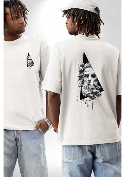 Kuru Kafa Heykel Üçgen Sanatsal Kadın Erkek Ön Minimal Sırt Baskılı Beyaz Pamuklu Tişört fırsatları