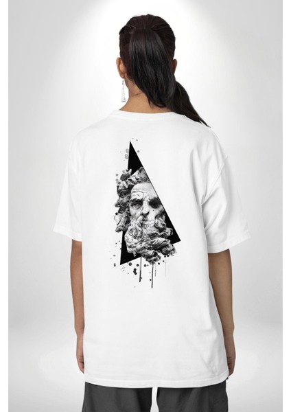 Kuru Kafa Heykel Üçgen Sanatsal Kadın Erkek Ön Minimal Sırt Baskılı Beyaz Pamuklu Tişört indirimleri