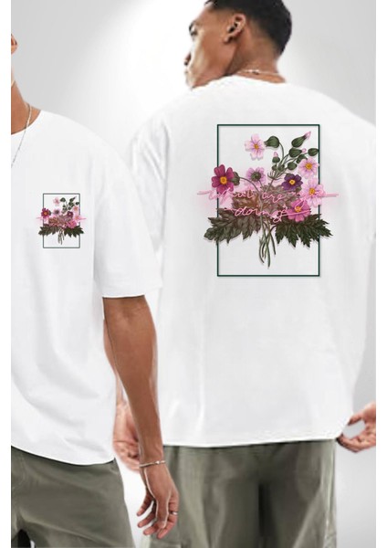 Ne Yapıyorsun Neon Çiçekler Kadın Erkek Ön Minimal Sırt Baskılı Beyaz Pamuklu Tişört