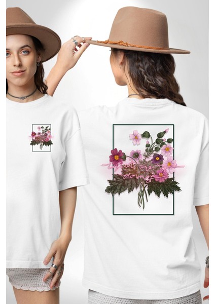 Ne Yapıyorsun Neon Çiçekler Kadın Erkek Ön Minimal Sırt Baskılı Beyaz Pamuklu Tişört fırsatları