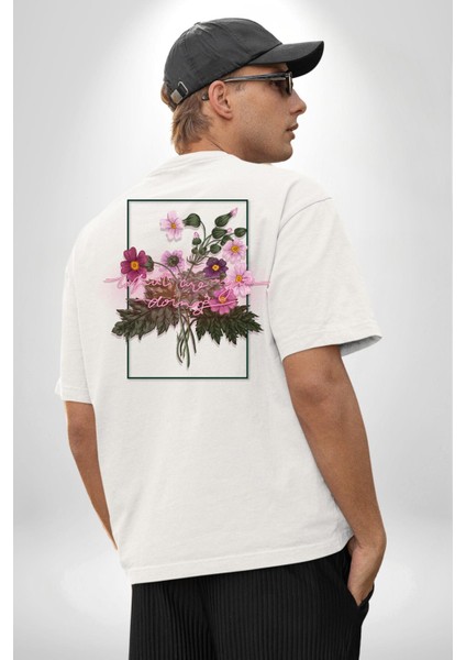 Ne Yapıyorsun Neon Çiçekler Kadın Erkek Ön Minimal Sırt Baskılı Beyaz Pamuklu Tişört indirimleri