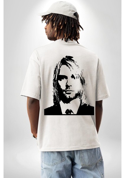 Kurt Cobain Nirvana Gitarist Kadın Erkek Ön Minimal Sırt Baskılı Beyaz Pamuklu Tişört