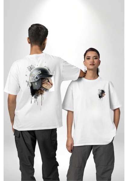 Kedi Çevik Koruma Polis Kadın Erkek Ön Minimal Sırt Baskılı Beyaz Pamuklu Tişört