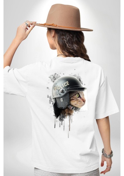 Kedi Çevik Koruma Polis Kadın Erkek Ön Minimal Sırt Baskılı Beyaz Pamuklu Tişört fiyatları