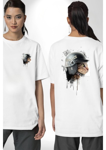Kedi Çevik Koruma Polis Kadın Erkek Ön Minimal Sırt Baskılı Beyaz Pamuklu Tişört fırsatları