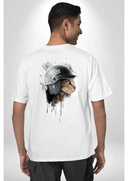 Kedi Çevik Koruma Polis Kadın Erkek Ön Minimal Sırt Baskılı Beyaz Pamuklu Tişört indirimleri
