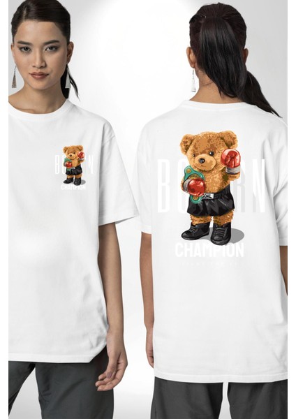 Boks Şampiyonu Oyuncak Ayı Kadın Erkek Ön Minimal Sırt Baskılı Beyaz Pamuklu Tişört