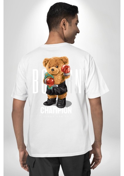 Boks Şampiyonu Oyuncak Ayı Kadın Erkek Ön Minimal Sırt Baskılı Beyaz Pamuklu Tişört fiyatları