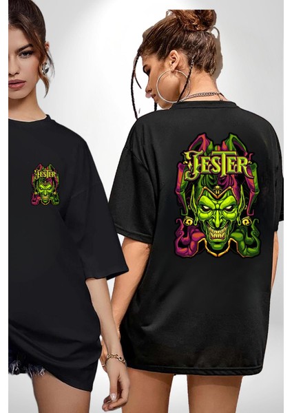 Jester Cadılar Bayramı Karakter Kadın Erkek Ön Minimal Sırt Baskılı Siyah Pamuklu Tişört