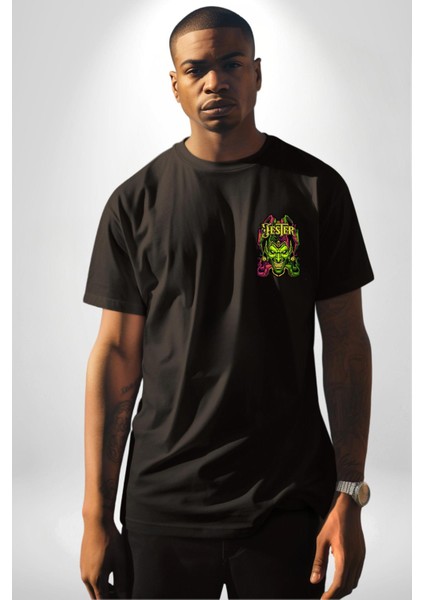 Jester Cadılar Bayramı Karakter Kadın Erkek Ön Minimal Sırt Baskılı Siyah Pamuklu Tişört modelleri