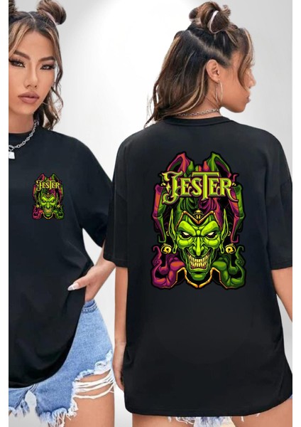 Jester Cadılar Bayramı Karakter Kadın Erkek Ön Minimal Sırt Baskılı Siyah Pamuklu Tişört fırsatları