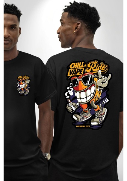 Sakinle ve Yola Devam Et Kadın Erkek Ön Minimal Sırt Baskılı Siyah Pamuklu Tişört