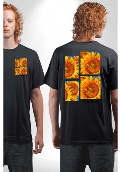 Ayçiçeği Retro Tasarım Yaz Havası Kadın Erkek Ön Minimal Sırt Baskılı Siyah Pamuklu Tişört