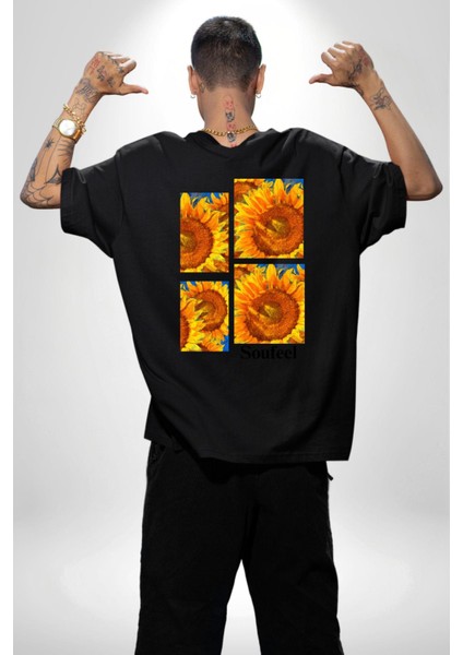 Ayçiçeği Retro Tasarım Yaz Havası Kadın Erkek Ön Minimal Sırt Baskılı Siyah Pamuklu Tişört fiyatları