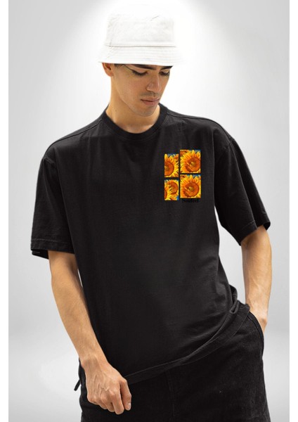 Ayçiçeği Retro Tasarım Yaz Havası Kadın Erkek Ön Minimal Sırt Baskılı Siyah Pamuklu Tişört modelleri