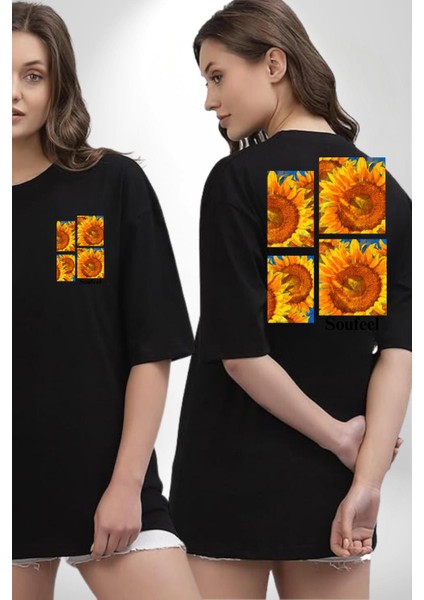 Ayçiçeği Retro Tasarım Yaz Havası Kadın Erkek Ön Minimal Sırt Baskılı Siyah Pamuklu Tişört fırsatları