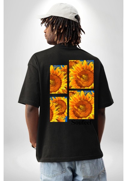 Ayçiçeği Retro Tasarım Yaz Havası Kadın Erkek Ön Minimal Sırt Baskılı Siyah Pamuklu Tişört indirimleri