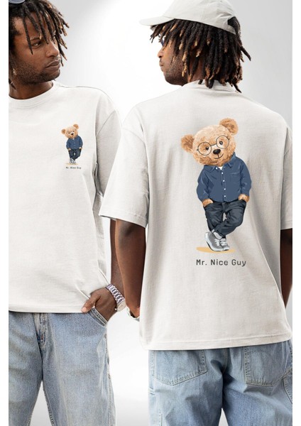 Bay Iyi Oyuncak Ayı Kadın Erkek Ön Minimal Sırt Baskılı Beyaz Pamuklu Tişört