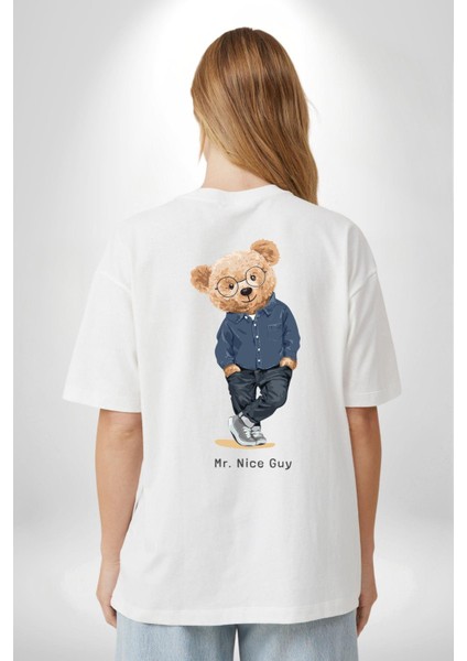 Bay Iyi Oyuncak Ayı Kadın Erkek Ön Minimal Sırt Baskılı Beyaz Pamuklu Tişört indirimleri