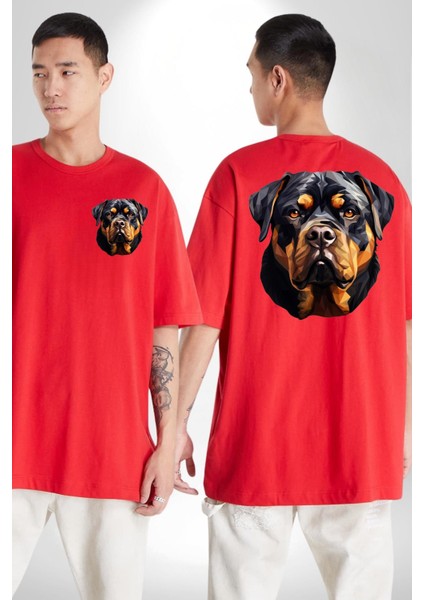 Rottweiler Alman Irkı Köpek Kadın Erkek Ön Minimal Sırt Baskılı Kırmızı Pamuklu Tişört