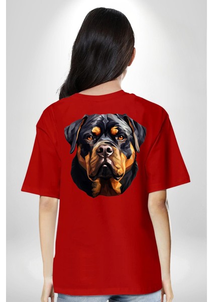 Rottweiler Alman Irkı Köpek Kadın Erkek Ön Minimal Sırt Baskılı Kırmızı Pamuklu Tişört
