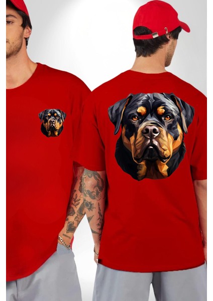 Rottweiler Alman Irkı Köpek Kadın Erkek Ön Minimal Sırt Baskılı Kırmızı Pamuklu Tişört